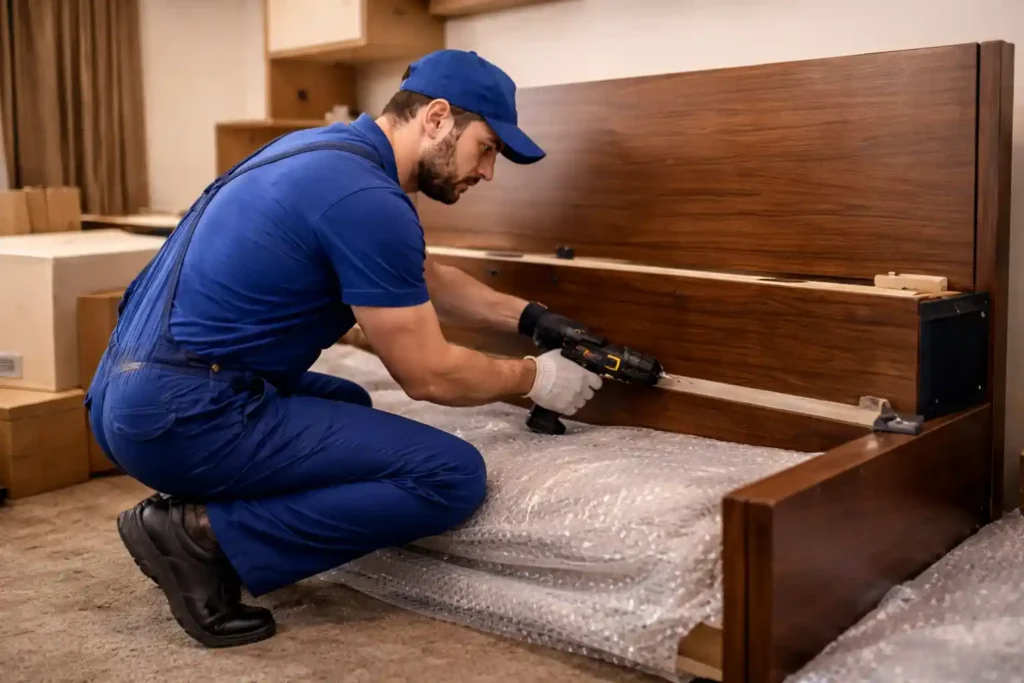 فني متخصص يقوم بفك غرفة نوم تمهيدًا لنقلها وتركيبها في الموقع الجديد.