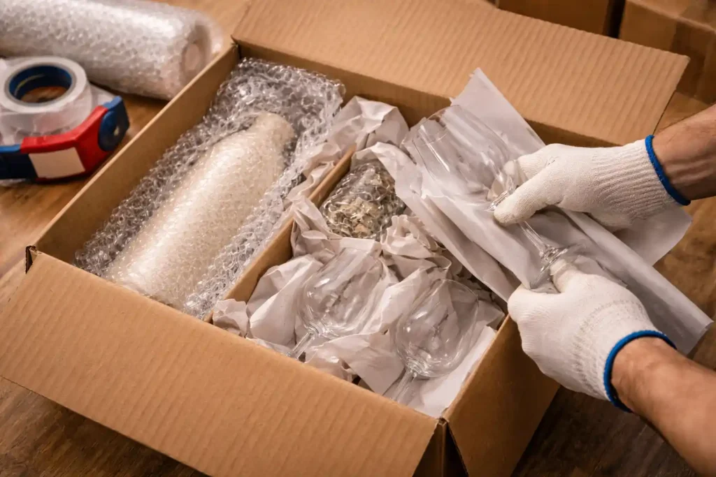 تغليف القطع الحساسة والهشة بطبقات حماية إضافية قبل النقل.