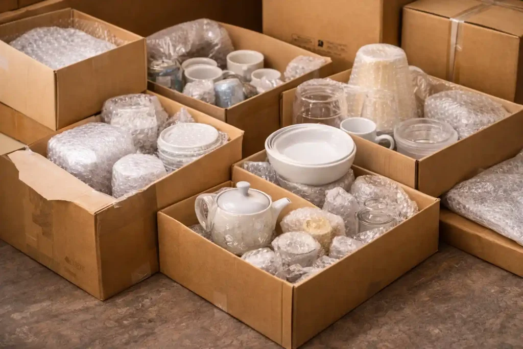 تغليف أدوات المطبخ والقطع الزجاجية بطريقة آمنة قبل النقل.