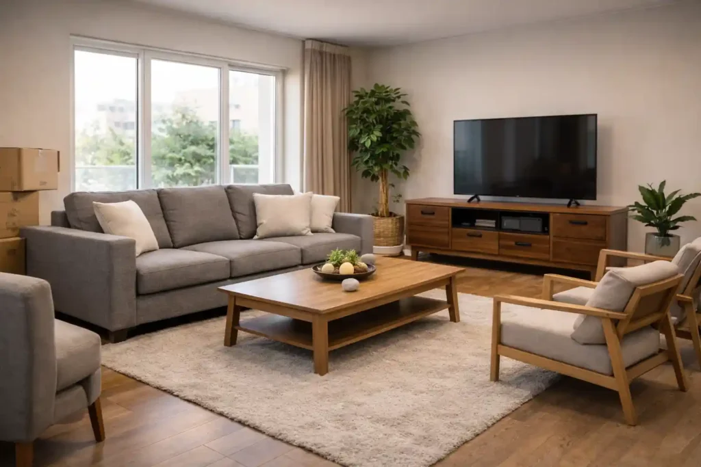 غرفة معيشة بعد الانتهاء من نقل وترتيب الأثاث في المكان الجديد.