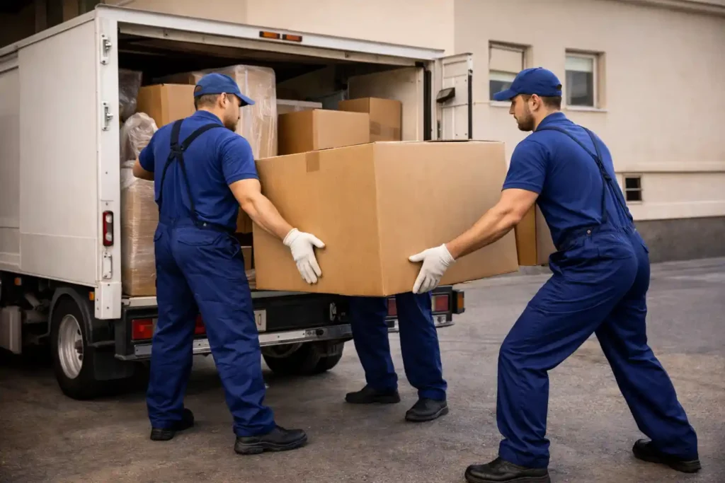 تحميل الأثاث بعناية داخل سيارة النقل المجهزة لضمان سلامته أثناء الرحلة.