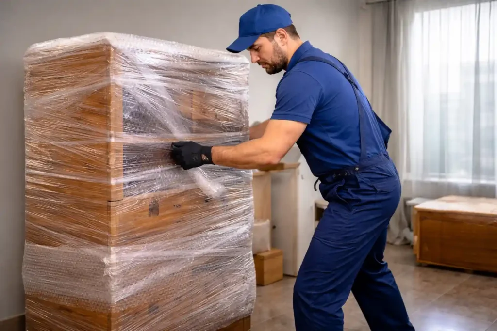 تغليف احترافي لقطع الأثاث قبل عملية النقل لحمايتها من الخدوش.